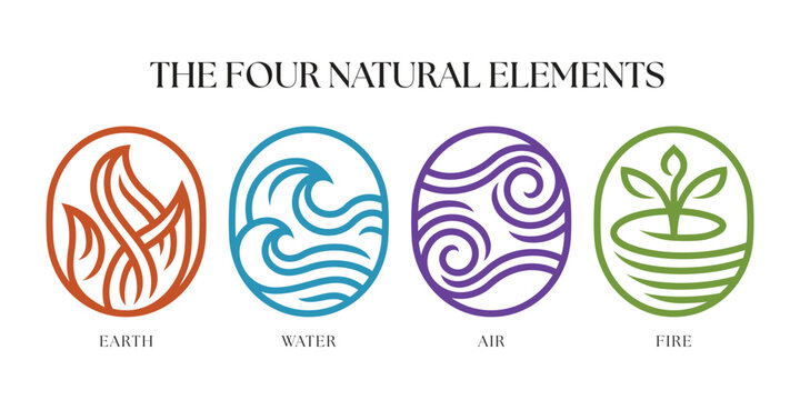The Four nature elements - earth water air and fire with line sharp curve in an ellipse shape vector design