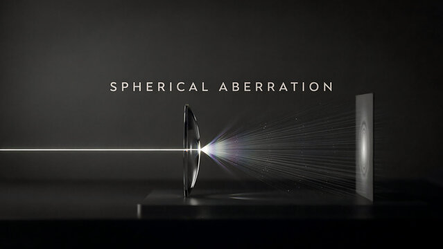 Spherical aberration effect on light beam through glass lens and prism  science and technology concept