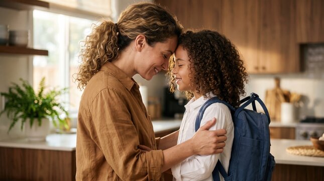 Mother and daughter share forehead to forehead embrace at home before school
