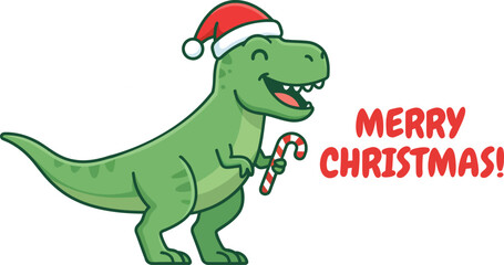 A cheerful cartoon dinosaur wearing a santa hat and holding a candy cane on white background © firoz
