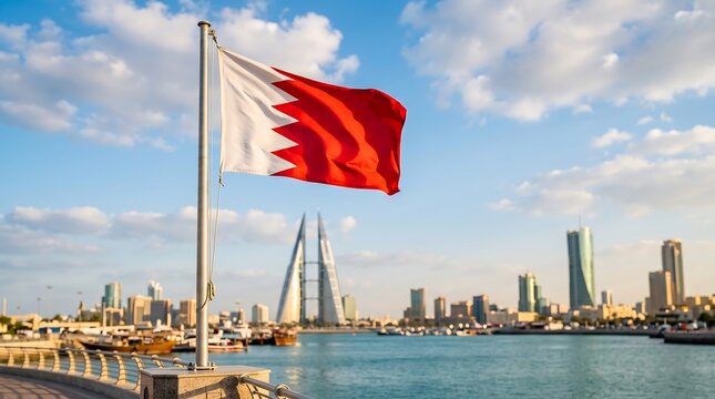 Bahrain flag waving on flagpole with Manama city skyline and blue sky background in golden daylight