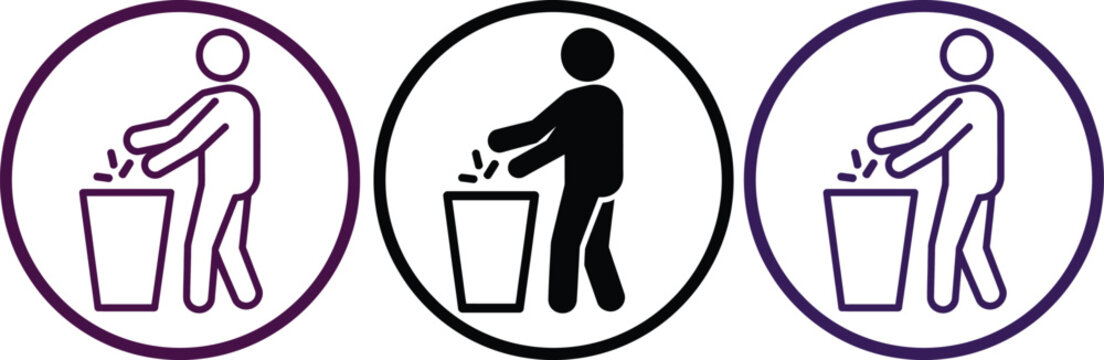 Man throwing trash into bin step by step illustration