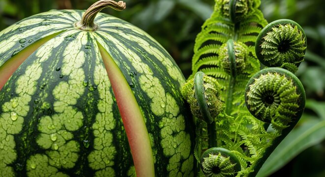 Close up of a striped watermelon and fern fiddleheads.