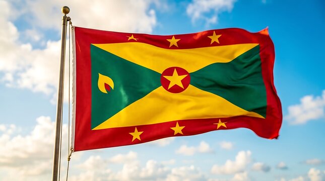Grenadian national flag waving on flagpole against blue sky with clouds during golden hour sunlight