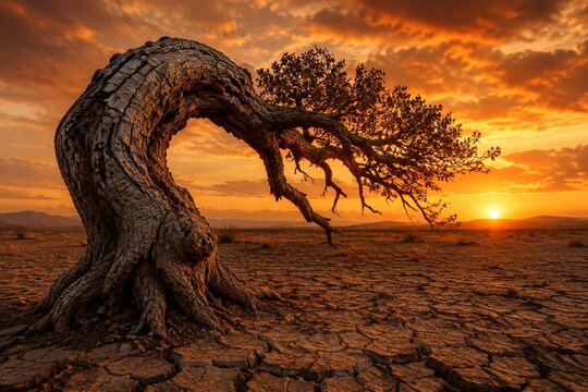 An old gnarled tree with cracked bark bending over parched earth.