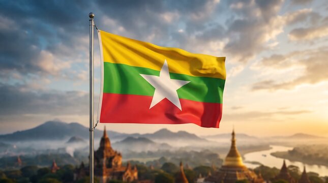 Myanmar national flag waving on metal flagpole over Bagan ancient temple landscape during golden hour sunrise