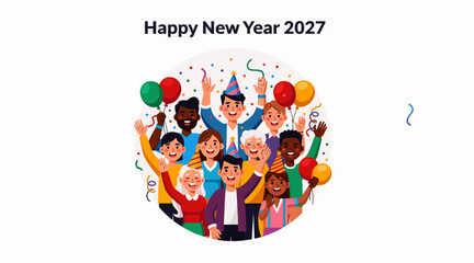 Fototapeta premium Happy New Year 2027 Festive Group Celebration with Balloons and Confetti