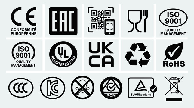Collection of various certification and quality marks logos.