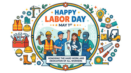 Naklejka premium Happy Labor Day Illustration - Workers Celebrating May 1st With Tools