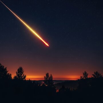 A bright meteor streaks across the dark night sky, leaving a glowing trail of light above a silhouette of a peaceful forest landscape, midnight, glowing, nature
