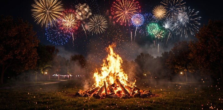 A large, glowing bonfire burns brightly in a dark park at night, illuminated by a display of colorful fireworks exploding in the night sky above the trees and grassy field
