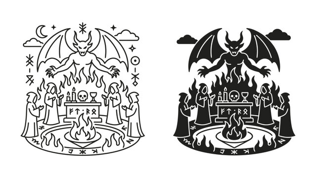 Demonic Ritual Illustration: A stylized illustration depicting a demonic figure with wings presiding over a ritualistic ceremony with robed figures gathered around a fiery altar under a moonlit sky.