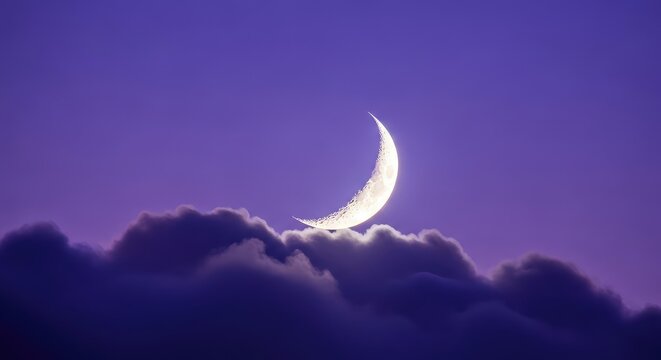 A glowing silver crescent moon floats gracefully above thick layers of dark purple clouds during a peaceful and magical twilight evening, astronomy, horizon, indigo