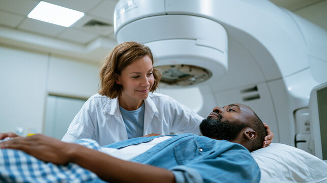 Modern hospital radiation therapy treatment room with advanced linear accelerator as healthcare professional prepares patient for radiation oncology procedure and cancer treatment