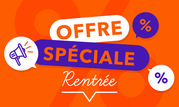 Visuel promotionnel pour offre sp&eacute;ciale rentr&eacute;e avec bulles de r&eacute;duction, m&eacute;gaphone et couleurs vives. Id&eacute;al pour commerce, papeterie, flyer, site web ou r&eacute;seaux sociaux.