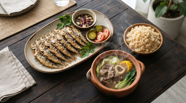 Filipino fried fish and steaming bulalo meal with rice on a rustic wooden table
