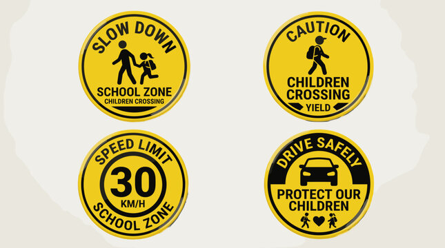 Set of four yellow school zone traffic safety signs.
