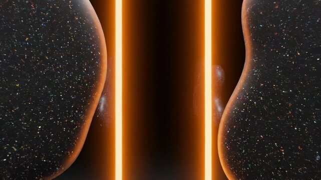 Abstract dark speckled shapes framed by glowing orange neon on black.