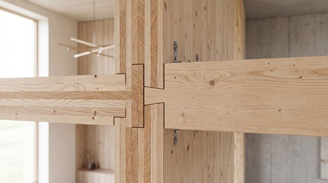 Detailed cross laminated timber connection featuring precision dovetail joinery for sustainable architectural construction with perspective precision engineered