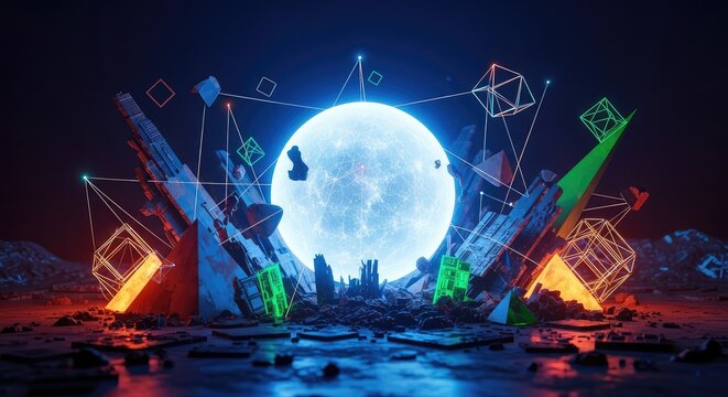 A vibrant lunarpunk landscape featuring a luminous sphere amidst rusty debris, merged with geometric shapes and digital connectivity lines, cybernetic, energy, neon
