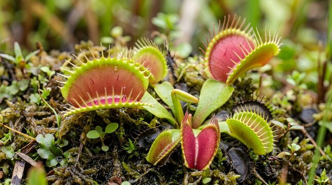 Macro shot of a Venus flytrap plant with green and red carnivorous leaves