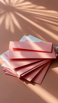 Pink envelopes stacked fanned on tabletop with shadow pattern