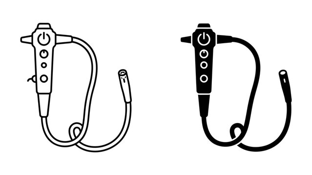 Medical Endoscope Icon Set: A clean line art and solid black silhouette depiction of a medical endoscope, showcasing its handheld unit and flexible tube, suitable for healthcare and technology themes.