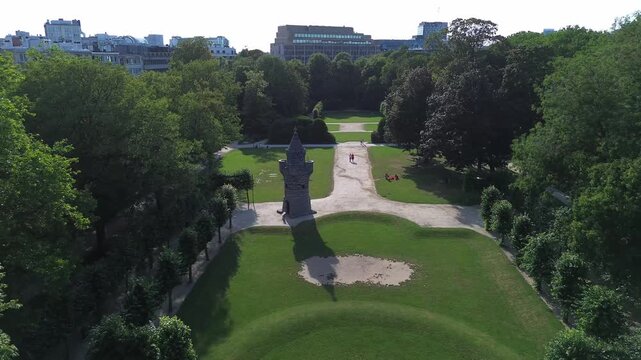Aerial Forward Flight Towards Beyaert Tower in Cinquantenaire Park Brussels