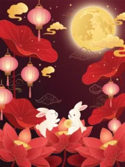 Mid Autumn Festival poster with white rabbits sitting on pink lotus flowers under glowing full moon. Red burgundy background with hanging pink lanterns and traditional Asian elements. © EvgeniiasArt