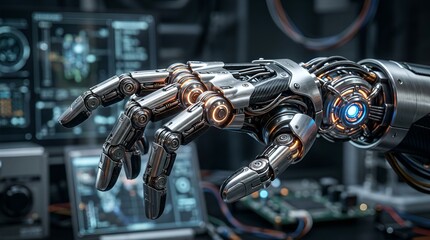 Fototapeta premium Advanced robotic arm with glowing circuits and complex machinery background