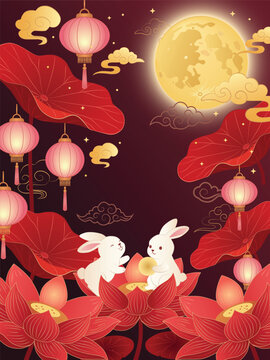 Mid Autumn Festival poster with white rabbits sitting on pink lotus flowers under glowing full moon. Red burgundy background with hanging pink lanterns and traditional Asian elements.