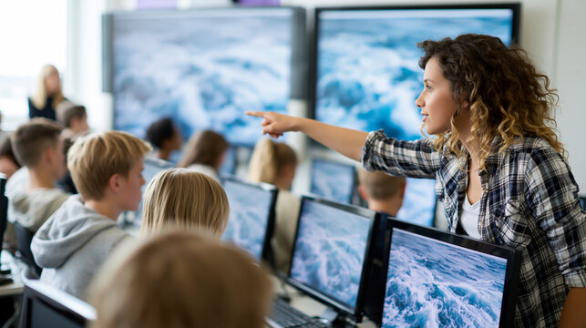 Female teacher or tech tutor pointing at large screen and explaining project task to diverse education kids using classroom computers close up. Digital literacy or interactive informatics lesson. 