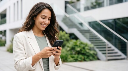 Fototapeta premium Smiling young woman in white blazer checking her smartphone outdoors in a modern urban setting.