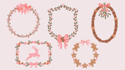 Festive wreath collection with bows ornaments cookies and floral decorations arranged on a soft pink background creating a cheerful holiday design © Abdul Waheed Studio