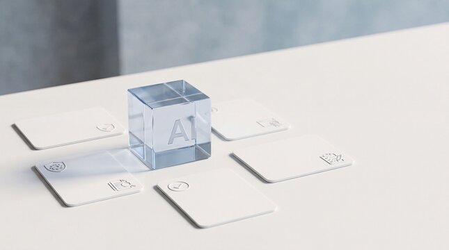 Transparent glass cube with "A1" text, surrounded by five blank white cards, a clean and minimalist conceptual design for AI, technology, and data visualization.