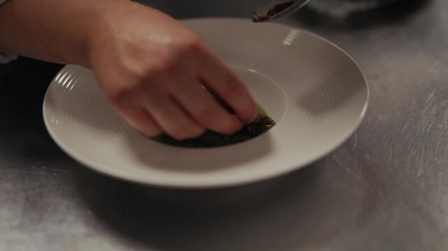 Chef carefully plating a small portion of food on a white plate