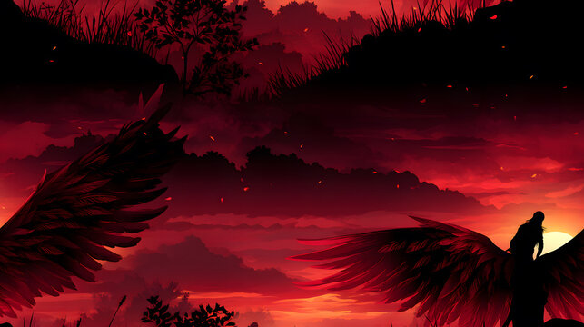 seamless patterns Mysterious red epic landscape with dark flying mythical creature silhouette