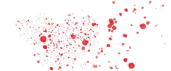 Fototapeta premium Red ink splatter illustration with scattered paint drops and grunge stains, suitable for graphic design, overlays, posters, textures, backgrounds, horror themes and urban-style marketing.