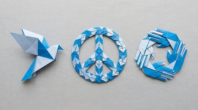 Blue and white origami symbols of peace harmony and unity