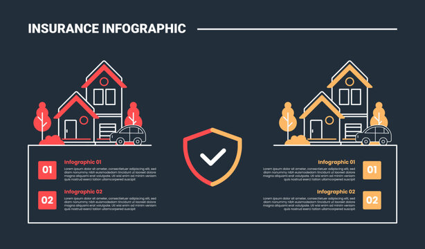 Insurance infographic process diagram with house or home protection with shield badge on opposite comparison with dark background bright outline style 2 points