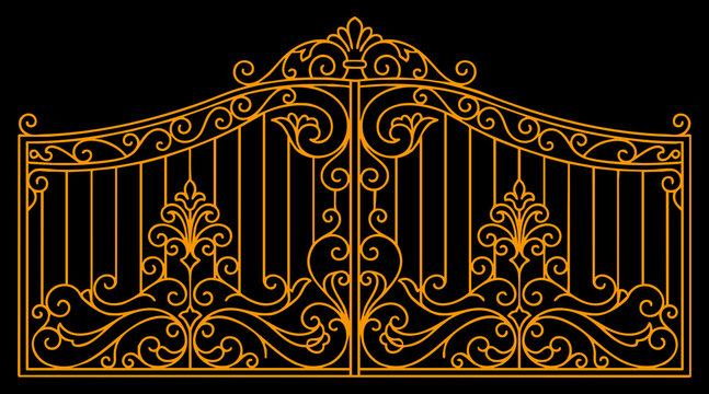 Elegant golden wrought iron gate vector illustration featuring intricate scrolling patterns on a solid black background