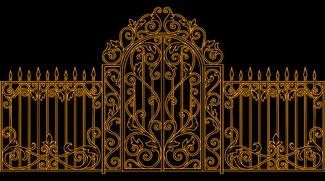 Ornate golden iron gate illustration featuring intricate decorative floral scrolls and vintage metal fence design elements