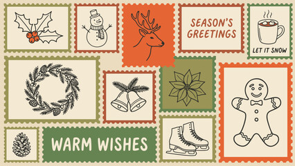 Holiday collage with festive stamps featuring snowman reindeer wreath bells skates gingerbread and greetings in warm tones © Abdul Waheed Studio