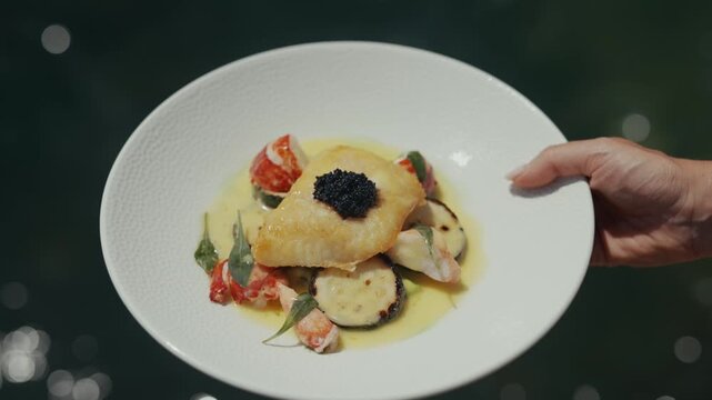 Gourmet seafood dish presented on a white plate with caviar topping