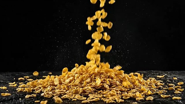 Golden corn flakes falling onto a dark textured surface in motion