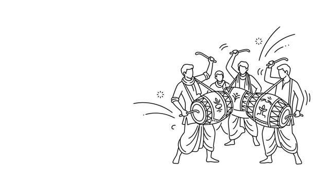 Line art illustration of traditional Indian drummers playing dhol drums.