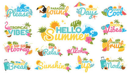 Tropical Summer Typography Sticker Pack with Beach Quotes and Vacation Elements © Walija