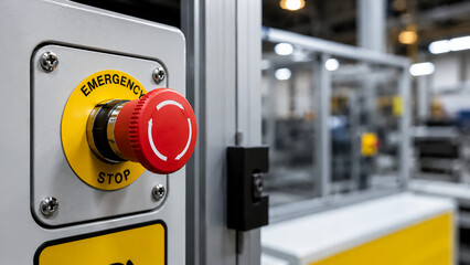 A red emergency stop button on industrial machinery in a factory setting, emphasizing safety and quick shutdown capability.
