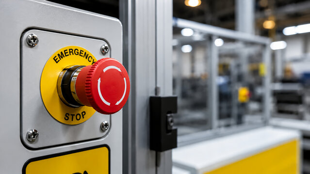 A red emergency stop button on industrial machinery in a factory setting, emphasizing safety and quick shutdown capability.