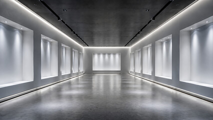 Fototapeta premium A modern, empty gallery with illuminated white display panels on both walls and a sleek, minimalist design.